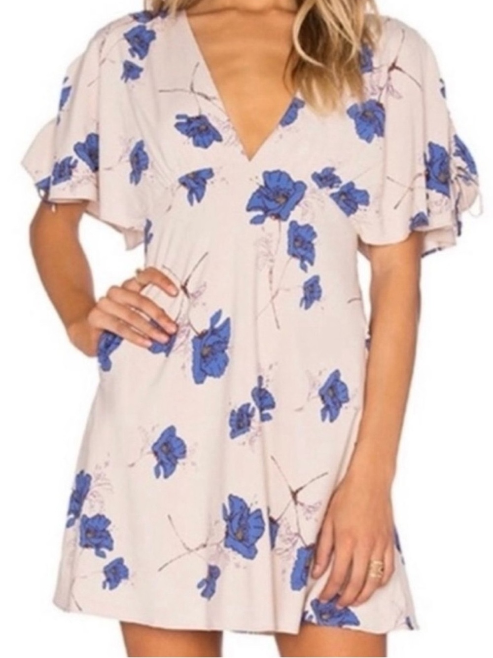 Free People Melanie Blue Floral Flutter Sleeve Mini Dress Size 6